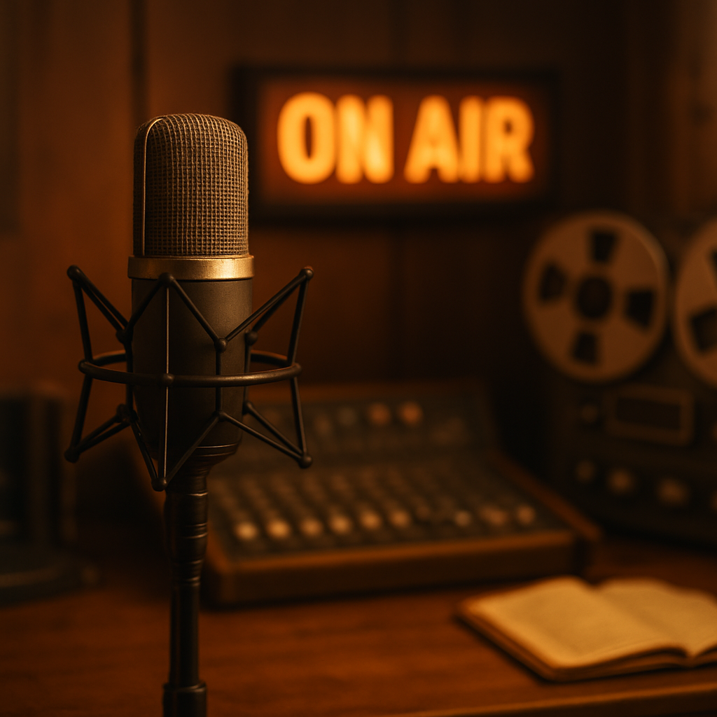 A warm vintage radio broadcasting studio